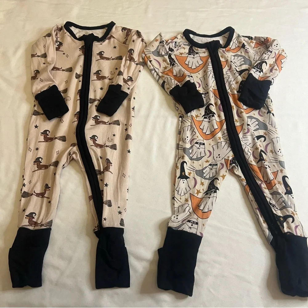 Sunshine Luckies Bamboo Pajama Bundle 0-3M Halloween Print‎ Zip Sleepers (2)
